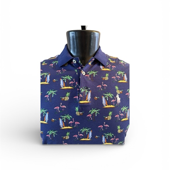 Navy Blue Tropical Print Men's Polo Ralph Lauren Shirt - Picture 2 of 3